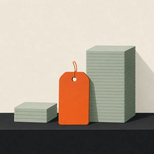 A single price tag standing between a small stack of work and a stack ten times taller
