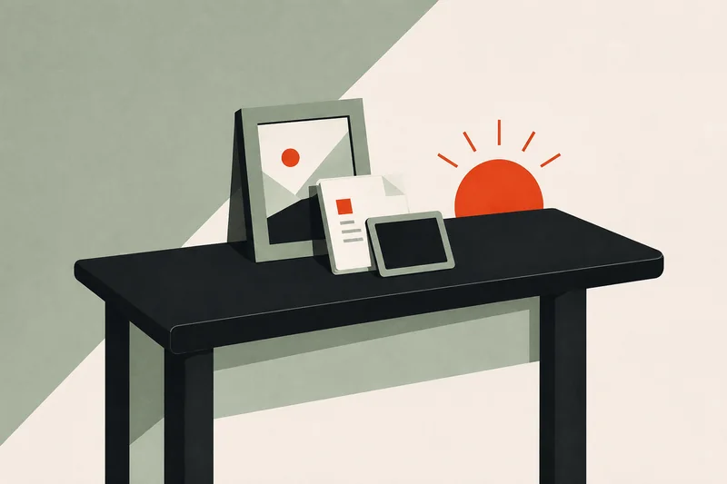 A framed picture, a page and a small screen, finished on a desk as the sun comes up