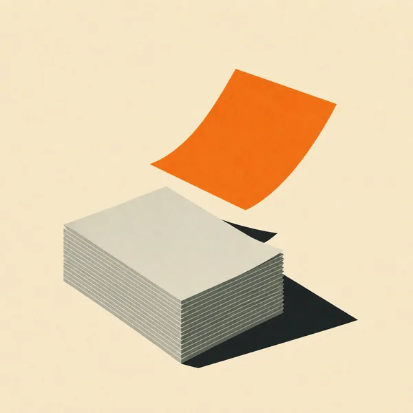 A stack of grey papers with the top sheet lifting away in orange