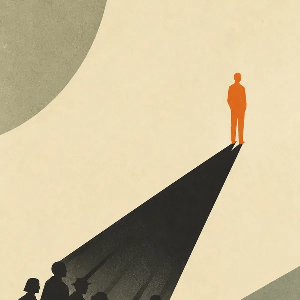 One orange figure whose shadow fans out into a crowd of people