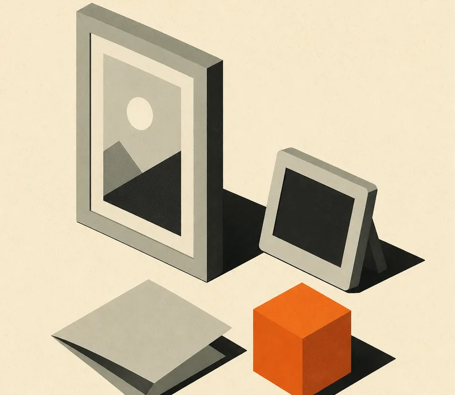A framed picture, a screen, a folded page and one bright orange cube: the varied finished work of a single request